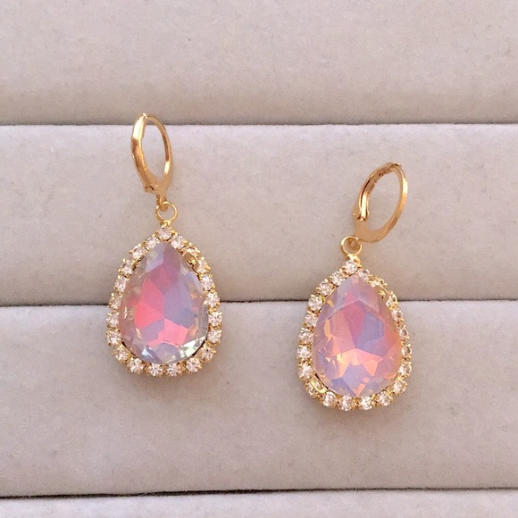 Gray Taupe Opal Aurora Borealis + Gold Crystal Halo Drop Earrings